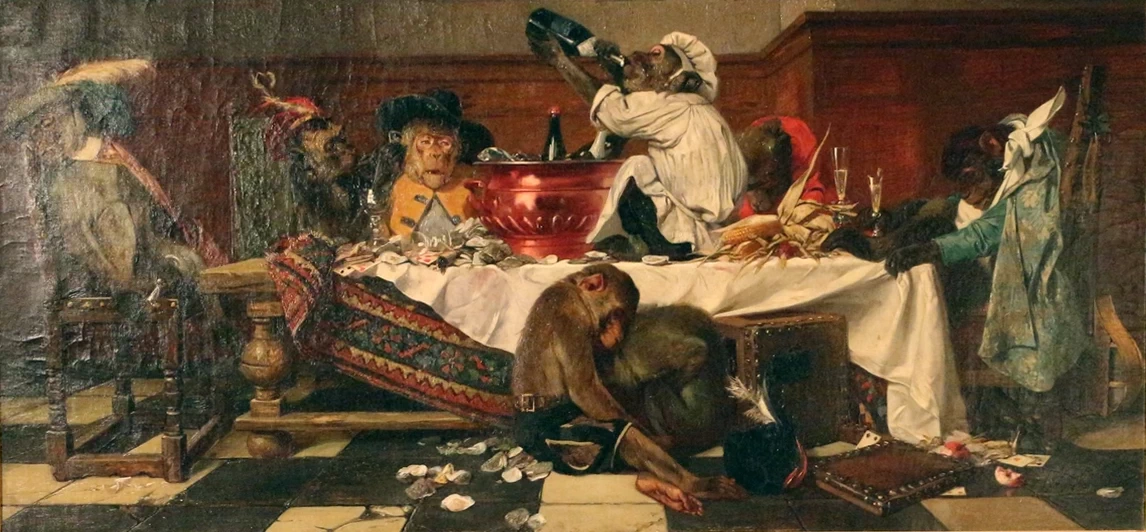 Una festa sociale preistorica darwiniana, scimmie, 1865